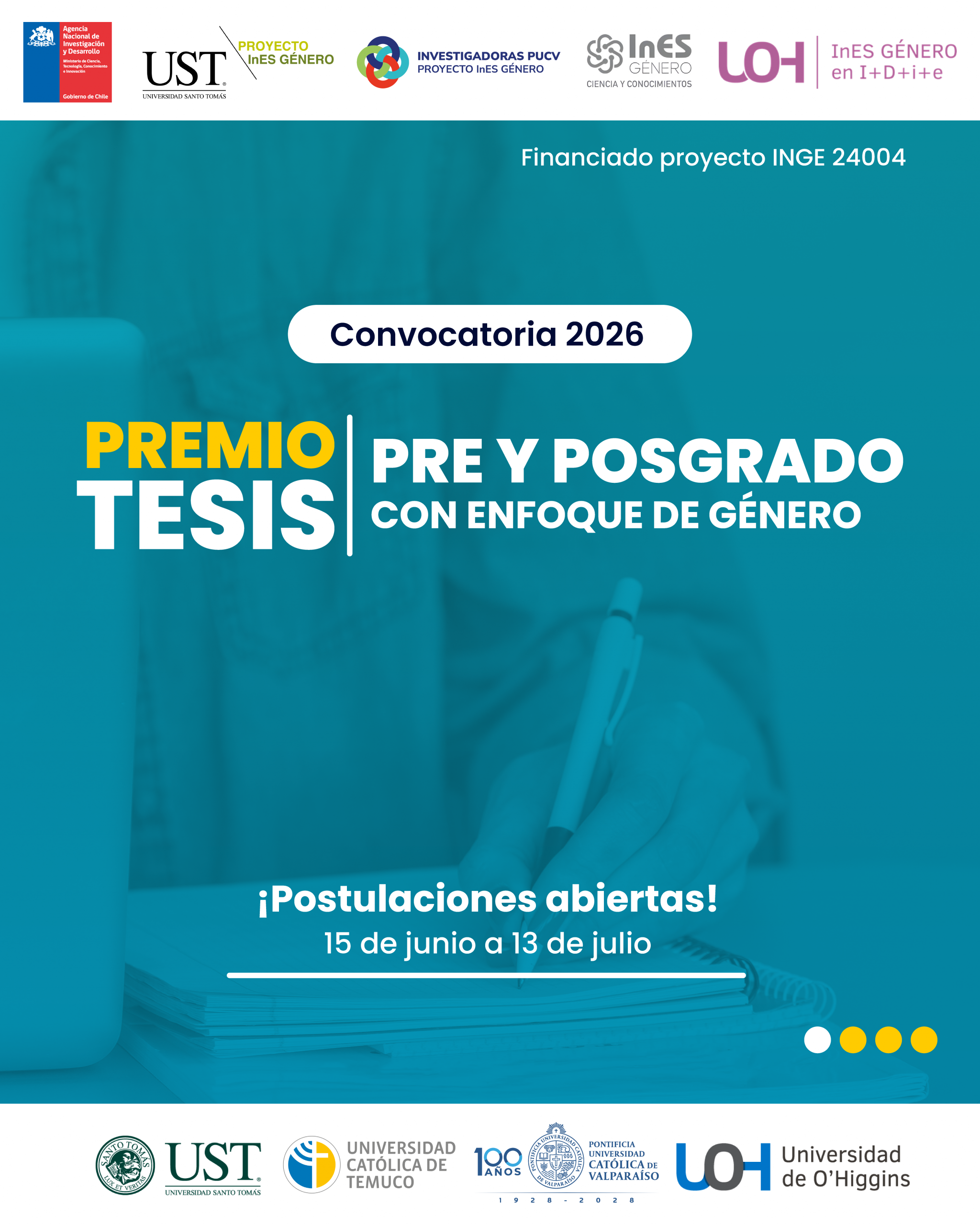 Proyecto InES Género UOH y universidades asociadas convocan a nueva versión del Premio Tesis con Enfoque de Género 2026