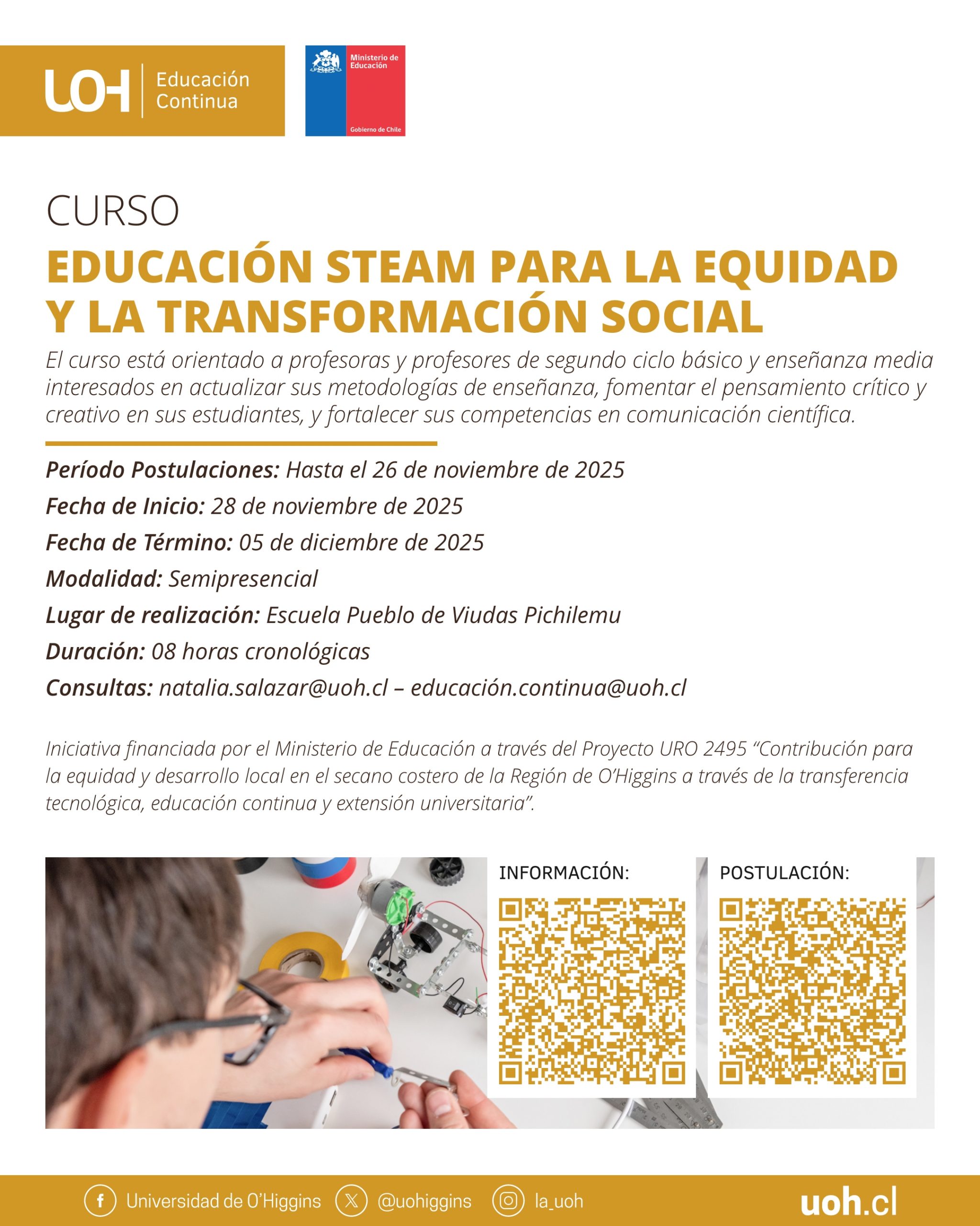 UOH invita a docentes de Cardenal Caro a curso gratuito de Educación STEAM con enfoque de equidad y transformación social